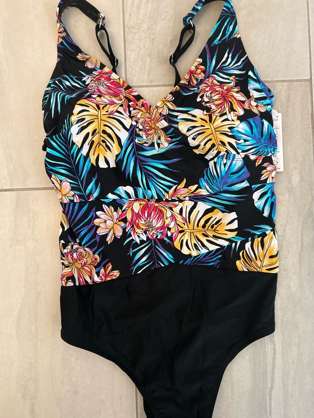 NEW Woman’s Black Tropical Floral One-Piece Swimsuit Adjustable